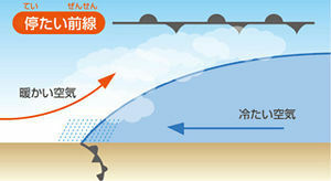 停滞前線は温暖前線側に雨が降りやすい