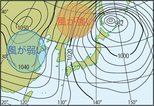 風が強いところと弱いところ